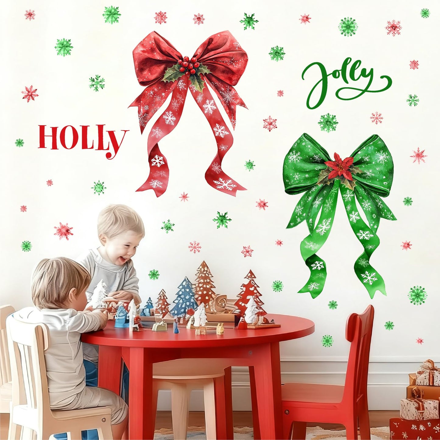 Large Christmas Wall Stickers Green Red Bow Decoration Decals Peel and Stick Xmas Bow Stickers Home Indoor Decor for Living Room O Holy Snowflakes Vinyl Art Murals for New Year Holiday Party Supplies