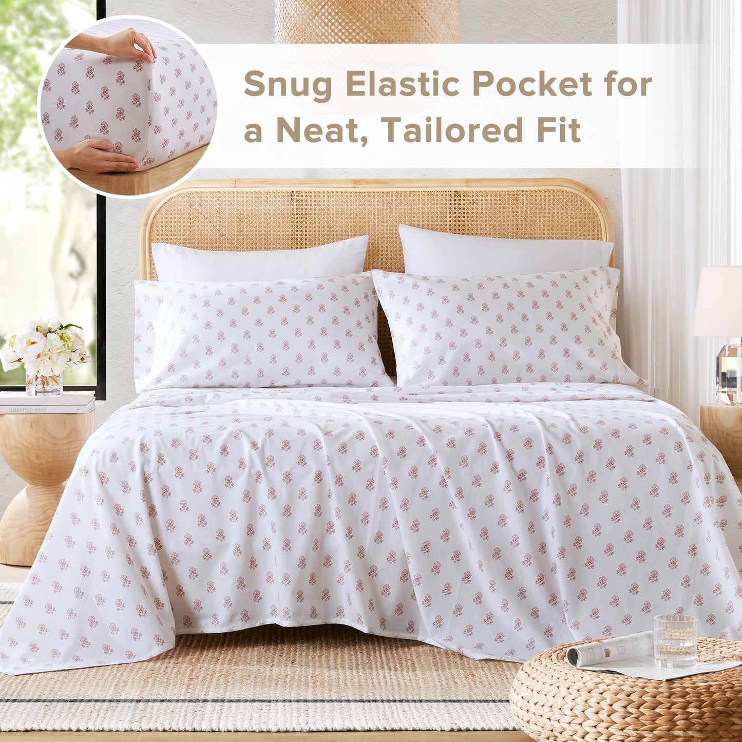 Comfort Spaces 100% Cotton Sheets Twin XL, Breathable, Naturally Cool Cotton Sheets, Soft Cotton Bed Sheets with 12" Elastic Pocket Fits up to 14" Mattress, All Seasons Sheet Set, Floral Pink 3 Piece