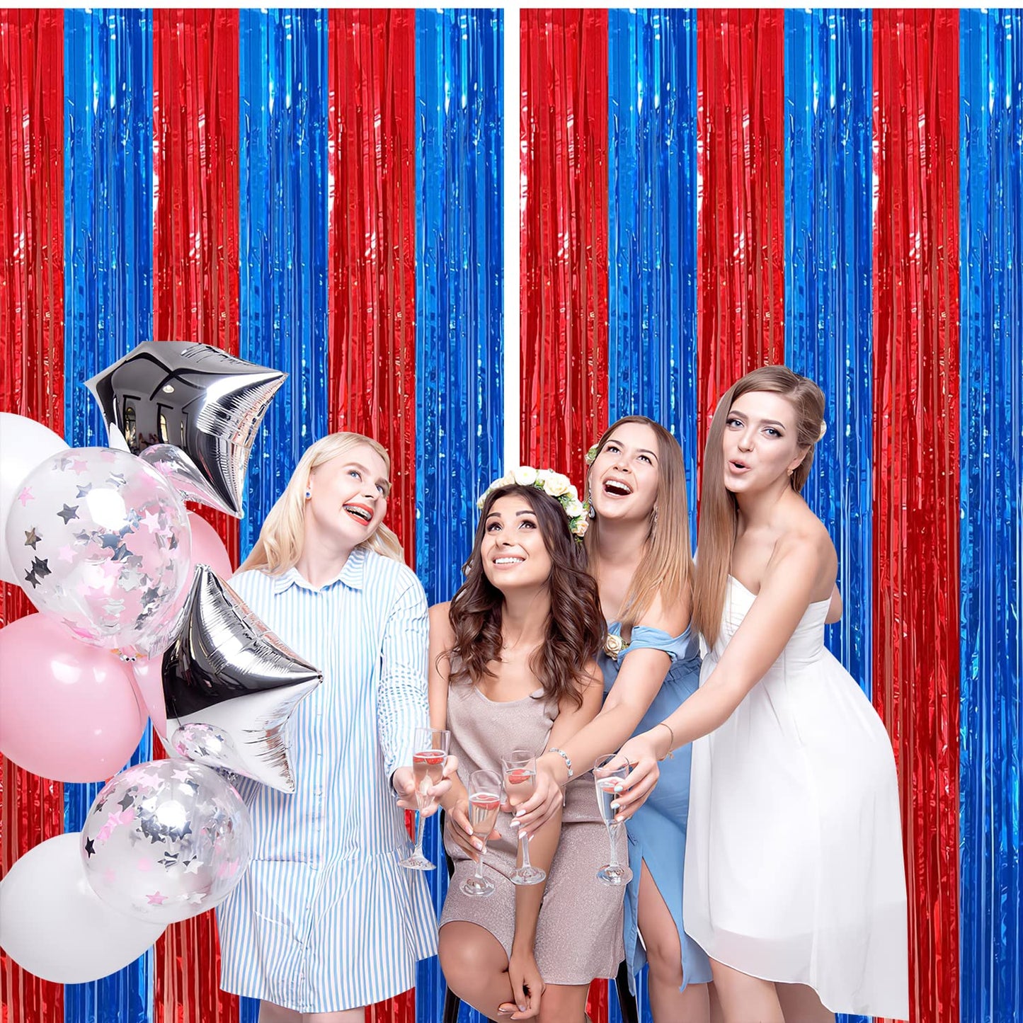2 Pack Red and Blue Foil Fringe Curtains Photo Booth Prop Tinsel Streamer Backdrops Birthday Party Supplies Bachelorette Bridal Wedding Baby Shower Graduation Party Decorations, 3.3 x 6.6 ft