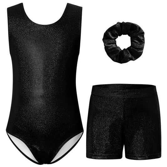 TUONROAD Black Gymnastics Leotards for Kid Girls Size 5 Little Girl's Solid Color Athletic Outfits with Matching Scrunchie for 4t 5t Child 3 Piece Classic Sparkle Dots Ballet Dance Sets,Size 4 5