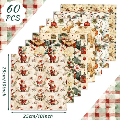 FuWeave 60 Pcs 10 x 10 Inch Vintage Christmas Quilting Fabric Christmas Fat Squares Patchwork Precut Gingerbread Man Santa Snowman Fabric Bundles for Xmas Winter Quilting Crafting DIY Craft Sewing
