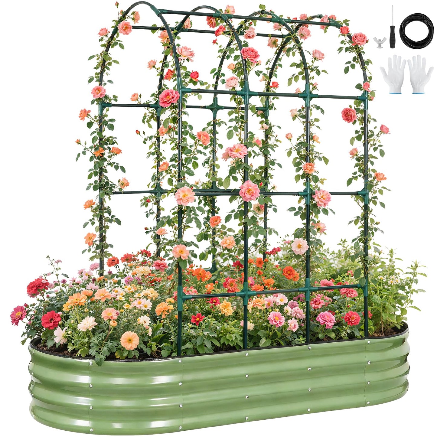 VIREO GARDEN Galvanized Raised Garden Bed with Arched Trellis | 6x3x1FT Metal Raised Garden Beds Outdoor for Gardening Climbing Plant | Planter Box Outdoor with Gloves for Vegetable Flower, OliveGreen