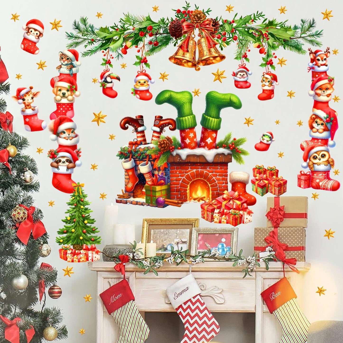 Christmas Fireplace Wall Decals Large Winter Pine Tree Branch Wall Stickers Xmas Bell Funny Animal Holiday Wall Decorations Removable Merry Christmas Wall Stickers Party Supplies