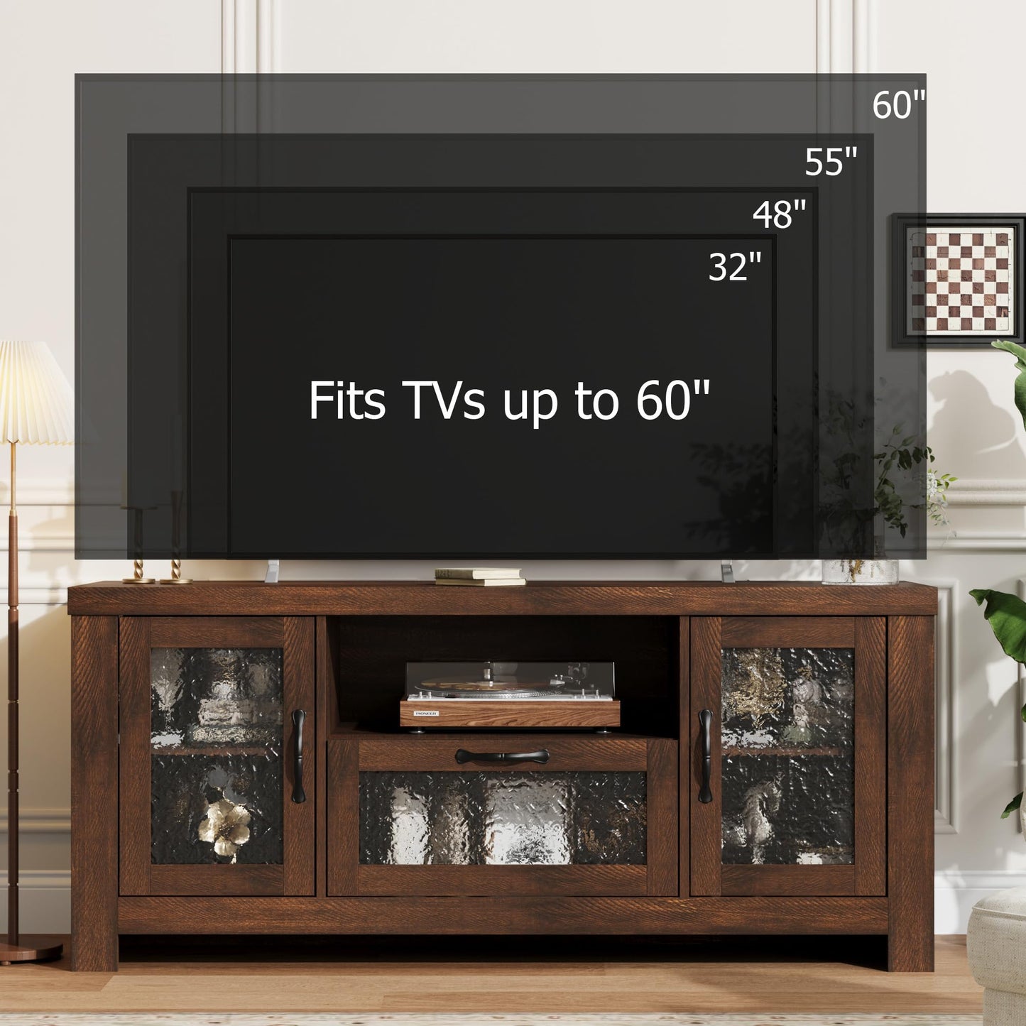 IDEALHOUSE TV Stand for 65 Inch TV, Farmhouse Entertainment Center with Acrylic Door Storage Cabinet & Adjustable Shelves, Rustic TV Console Table for Living Room Bedroom, Brown