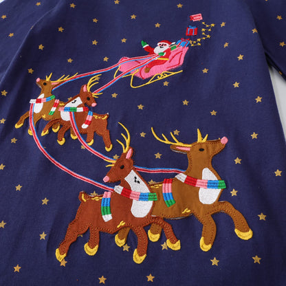Toddler Girl Long Sleeve Dress Christmas Elk Deer Blue Dot Cotton Casual Winter Clothes Shirt Dresses 2T