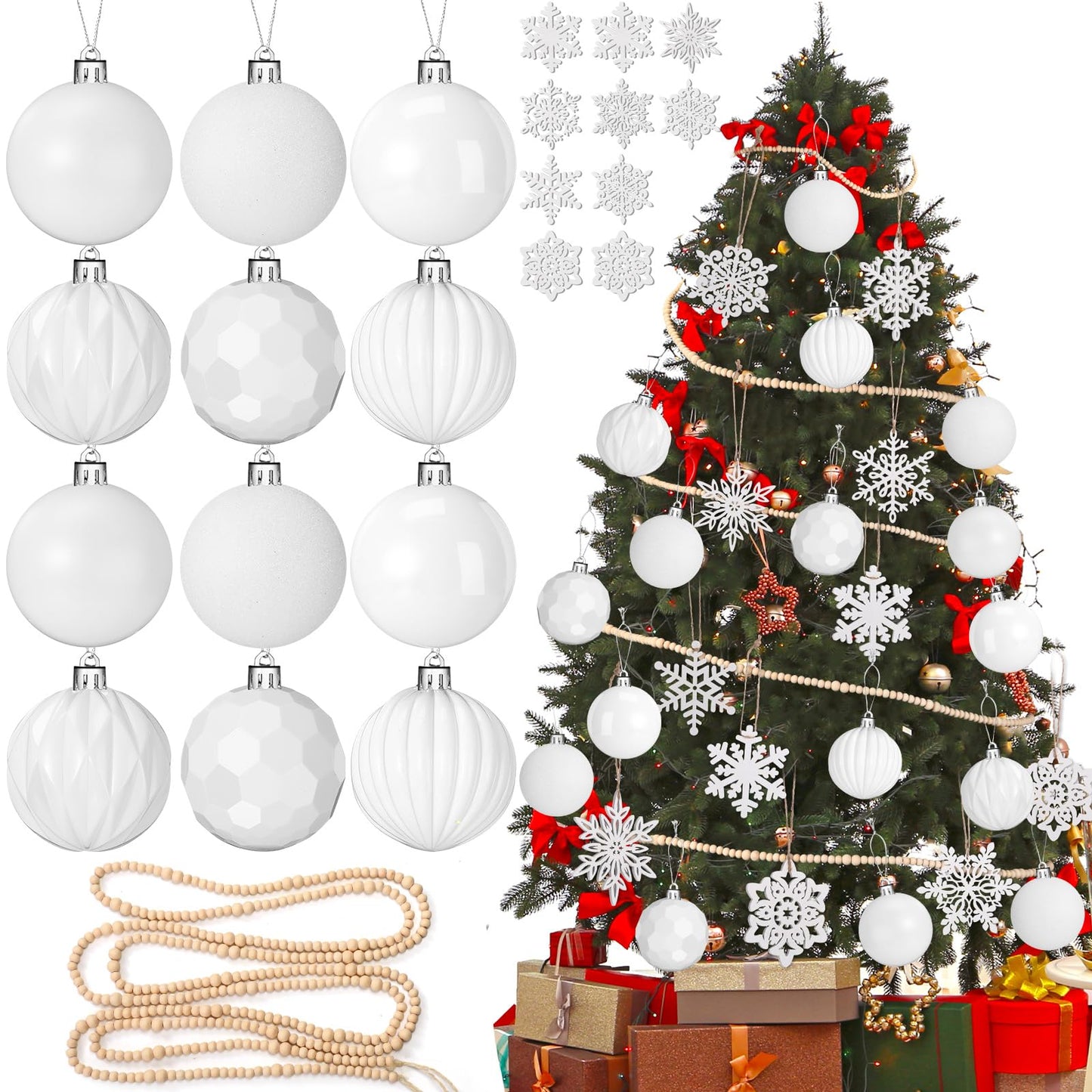 Aoriher 45 Pcs Christmas Tree Ornament Set,34pcs Christmas Ball Ornaments with Xmas Wooden Bead Garland Snowflake Ornaments for Xmas Tree Holiday Wedding Party Wreath Home Decoration(White)