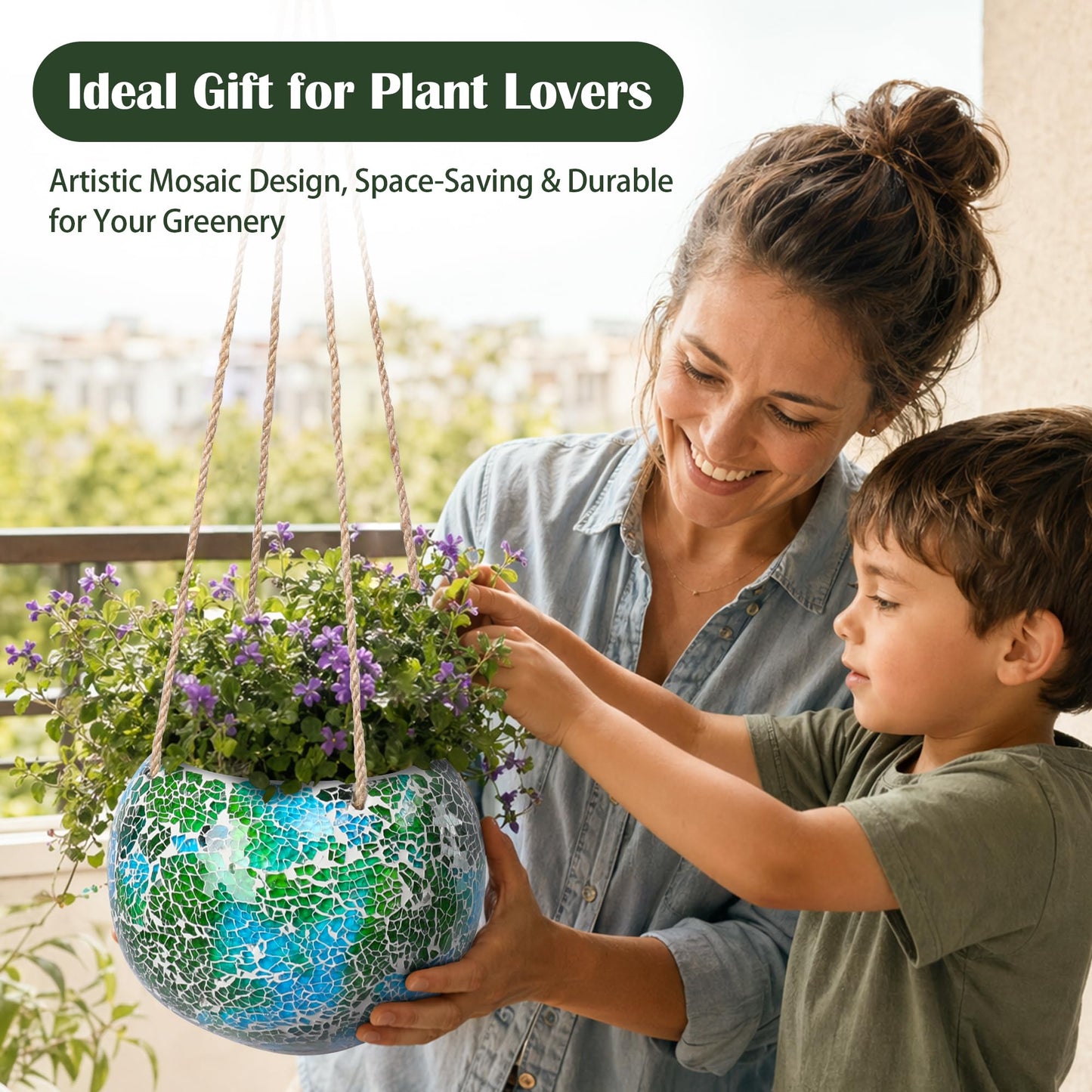 Chonsun Hanging Planter Mosaic Garden Pot Small Flower Pot for Indoor Plant Disco Ball Hanging Planter with Drainage Green