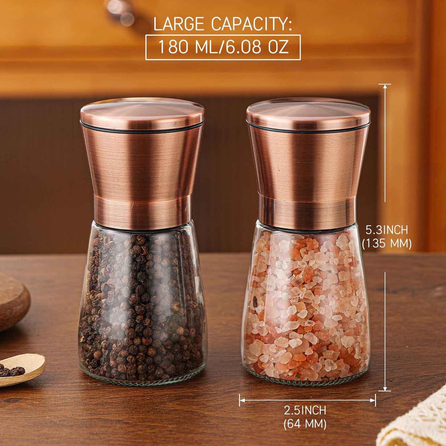DAVIMADE Short Copper Salt and Pepper Grinder Set of 2，Refillable Adjustable Coarseness Stainless Steel Glass Bottle, Pepper Mills W/Funnel for Kitchen