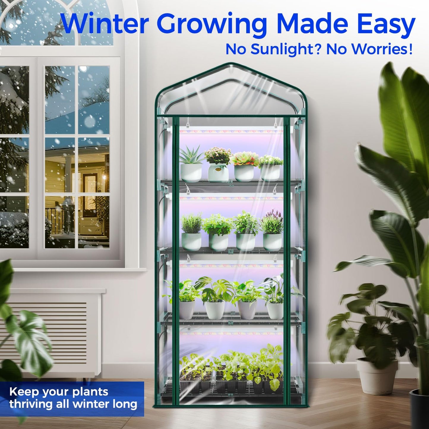 Indoor Greenhouse with Grow Light, Ohuhu 4-Tier Mini Green House for Winter - Full Spectrum Greenhouses for Seed Starting Small Portable Green Houses Waterproof PVC Cover & Adjustable Shelves