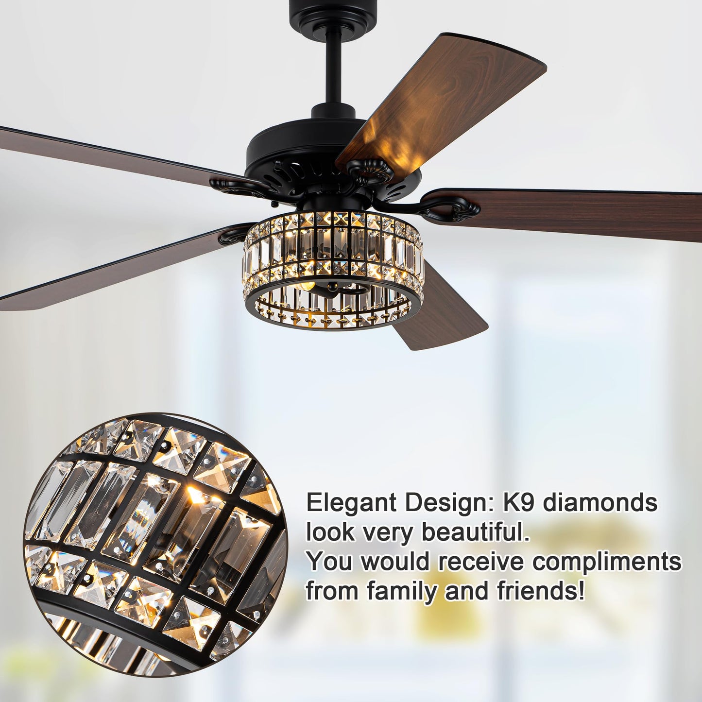 Dawn Whisper 60 Inch Crystal Chandelier Ceiling Fans with Lights Black Large Modern Ceiling Fans for Living Room Bedroom Quiet and Reversible DC Motor 6 Speeds Enegery Efficient