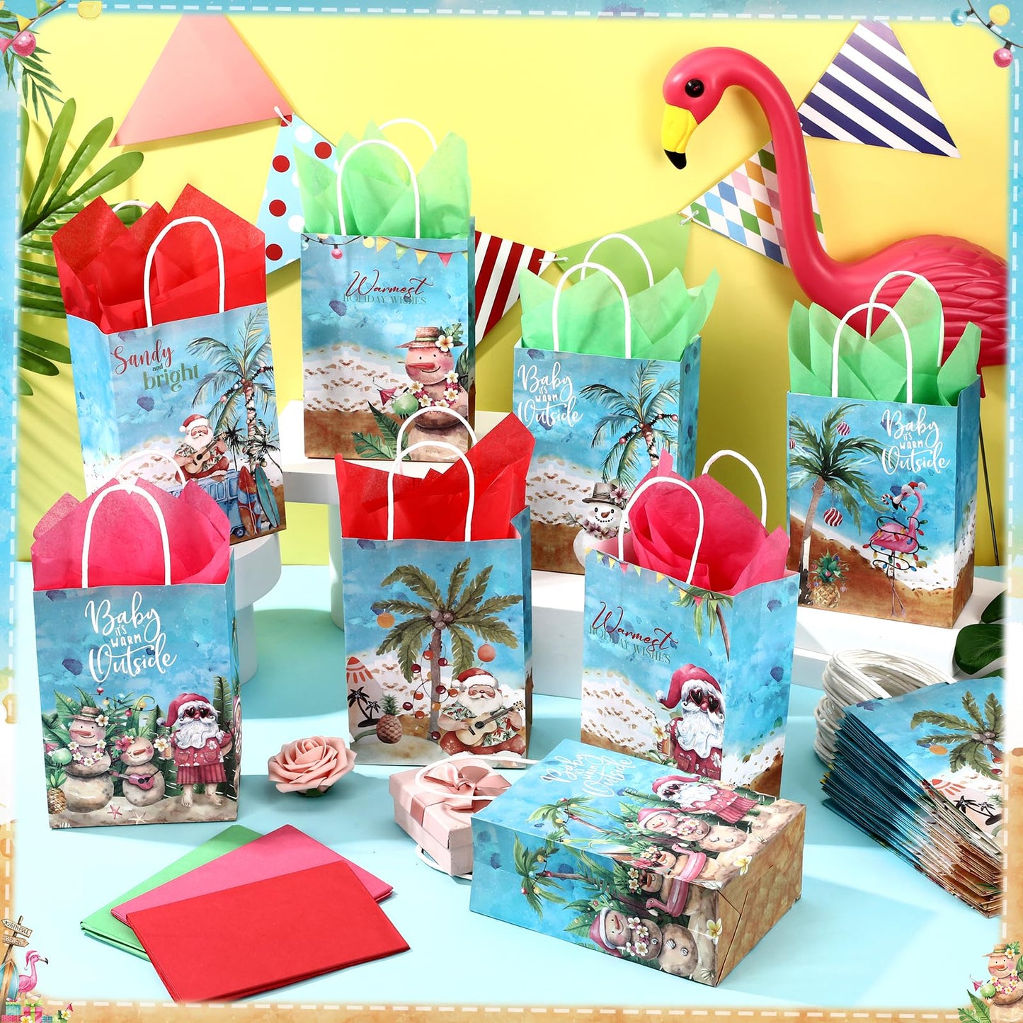 Sinload 24 Sets Summer Christmas Party Gift Bags with Tissue Paper Xmas in July Santa Tropical Goodie Bags with Handle Christmas Treat Tote Hawaiian Flamingo for Beach Pool Birthday Party Decoration