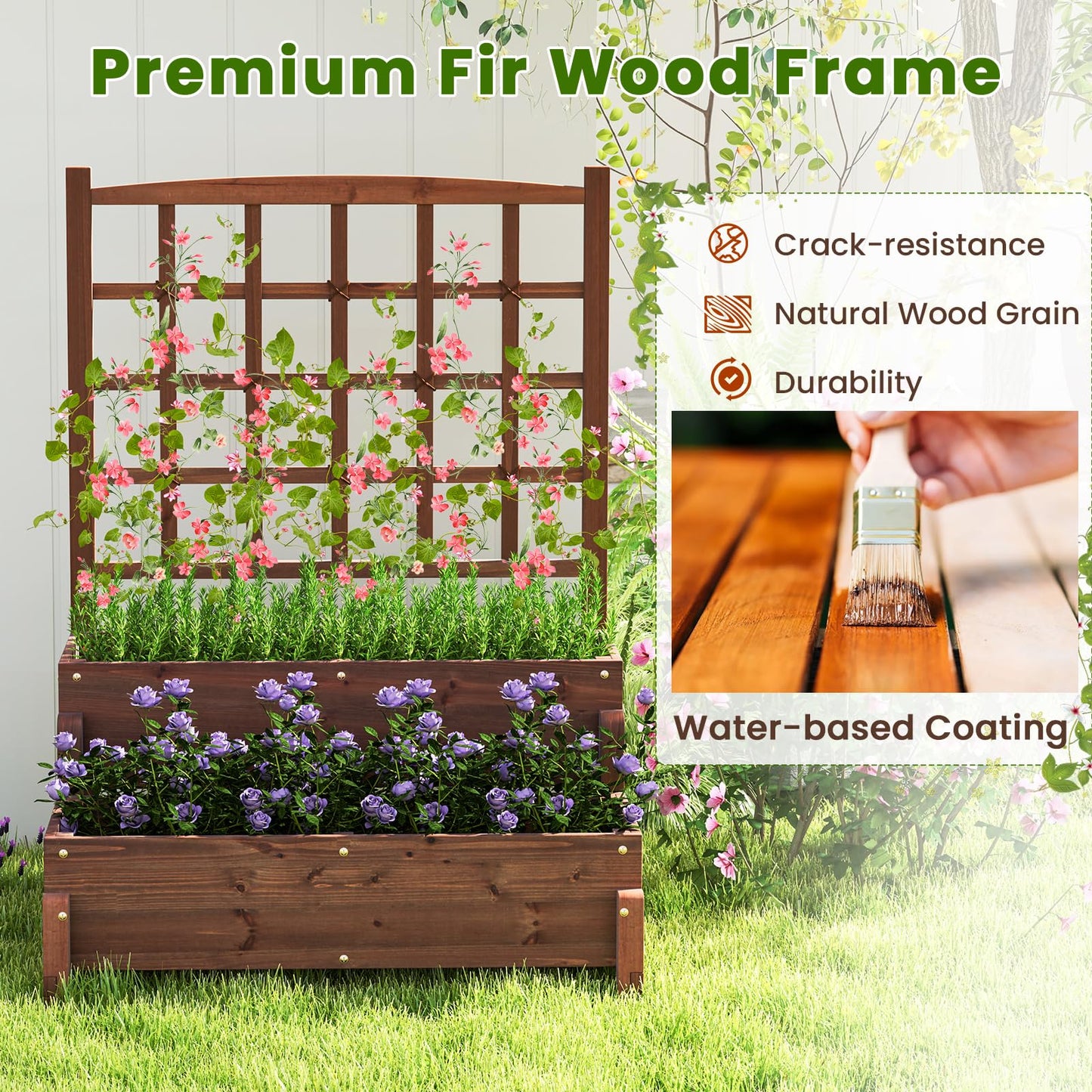 Giantex Raised Garden Bed with Legs and Trellis, 2-Tier Standing Planter Box with Drain Holes, Outdoor Elevated Garden Trellis for Vine Climbing, Flower Vegetable Fruit Herb Growing, Rustic Brown