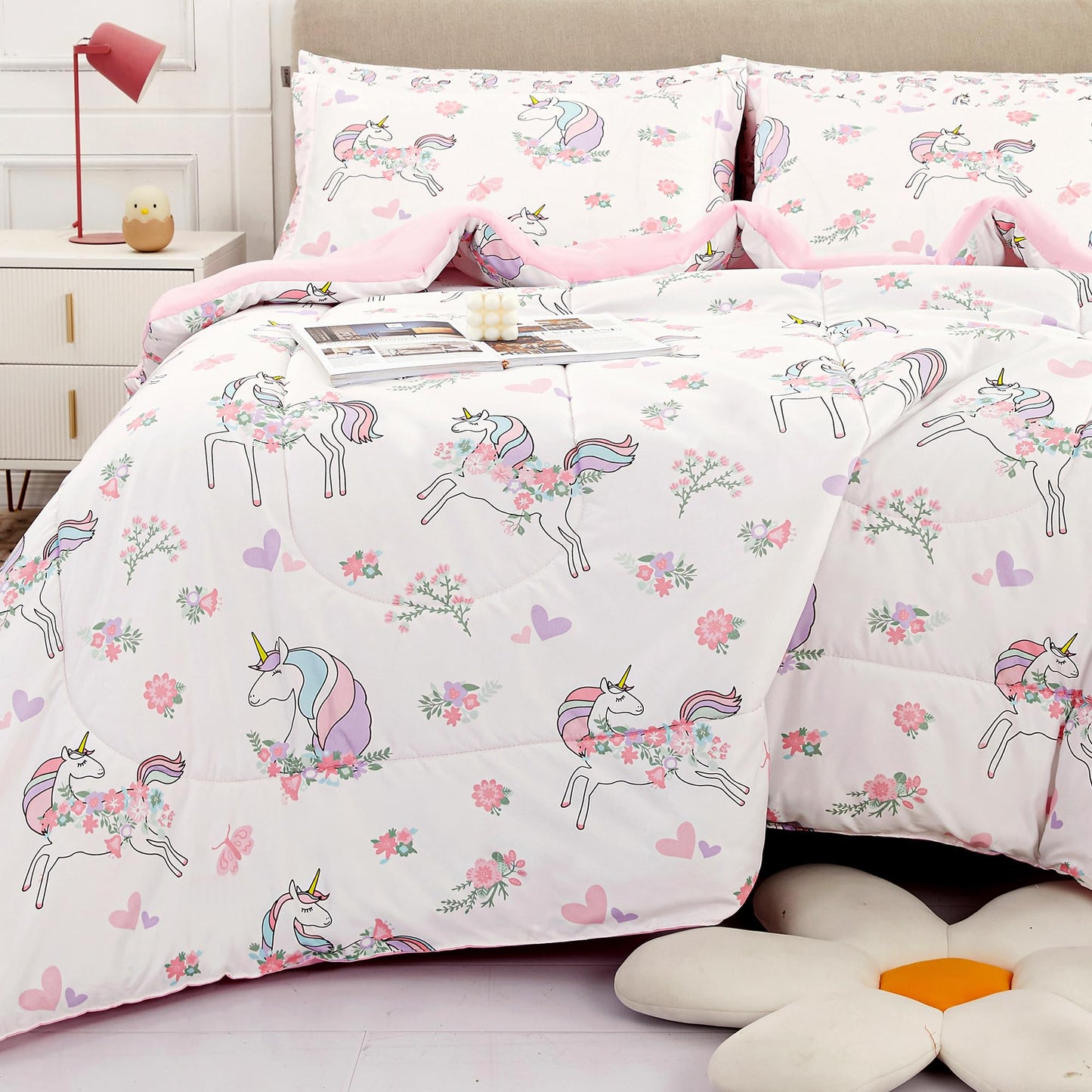 Viviland Kids Twin Bedding Sets for Girls, Soft Twin Comforter Set with Sheets, 5 Pieces Microfiber Bed in a Bag, White Unicorn