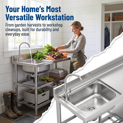 Free Standing Stainless-Steel Single Bowl Commercial Restaurant Kitchen Sink Set w/Faucet & Drainboard, Prep & Utility Washing Hand Basin w/Workbench & Double Storage Shelves Indoor Outdoor (47in)