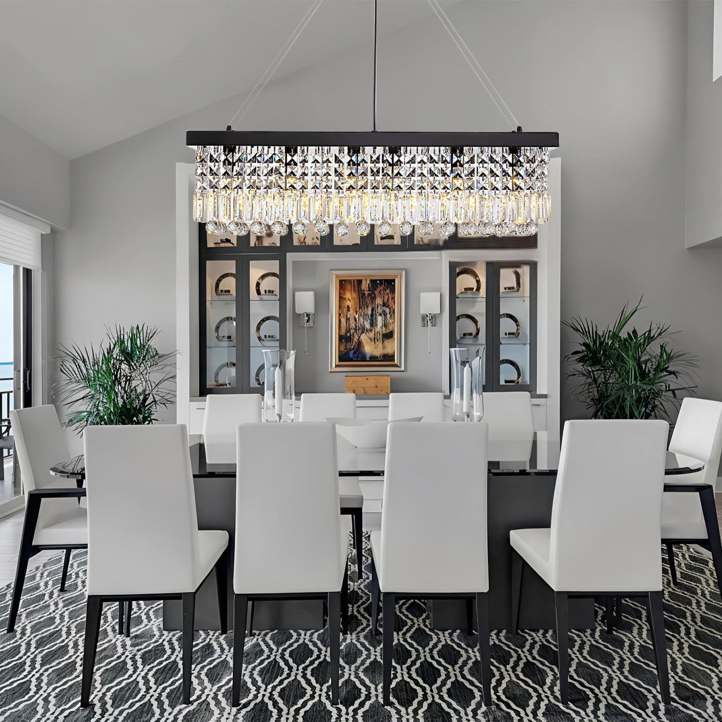 7PMBEANE Rectangle K9 Crystal Chandelier,Rectangular Contemporary Pendant Light Fixture,Black Modern Crystal Chandeliers for Dining Room Kitchen Island L31.5''xW10''xH10''