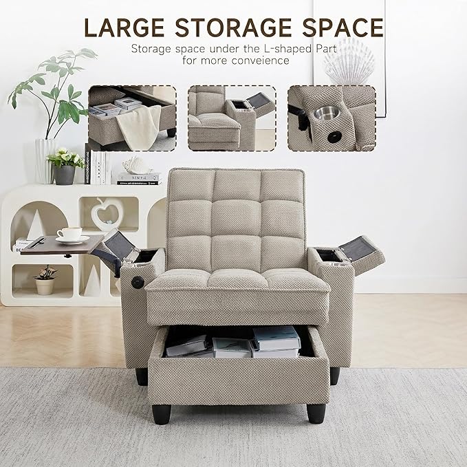 Oversized Recliner Chair with Swivel Tray Table, Modern Tufted Linen Fabric