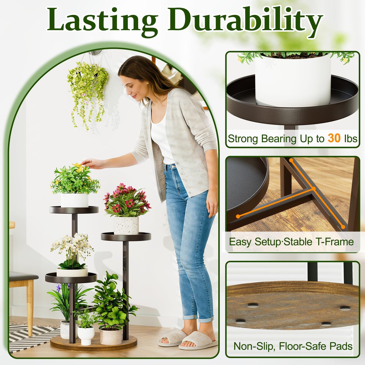 NQW 3 Tiered Tall Plant Stand for Indoor, Metal Plant Shelf Tiered Flower Pot Stands, Corner Plant Table for Patio Garden Balcony Living Room Bedroom