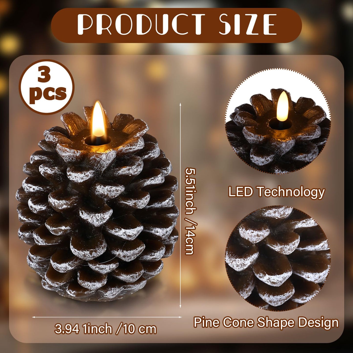 Baquler 3 Pcs LED Pine Cone Candles, Battery Operated, Flameless, Real Wax Pine Cone Candles with LED Flickering for Christmas Party Decoration