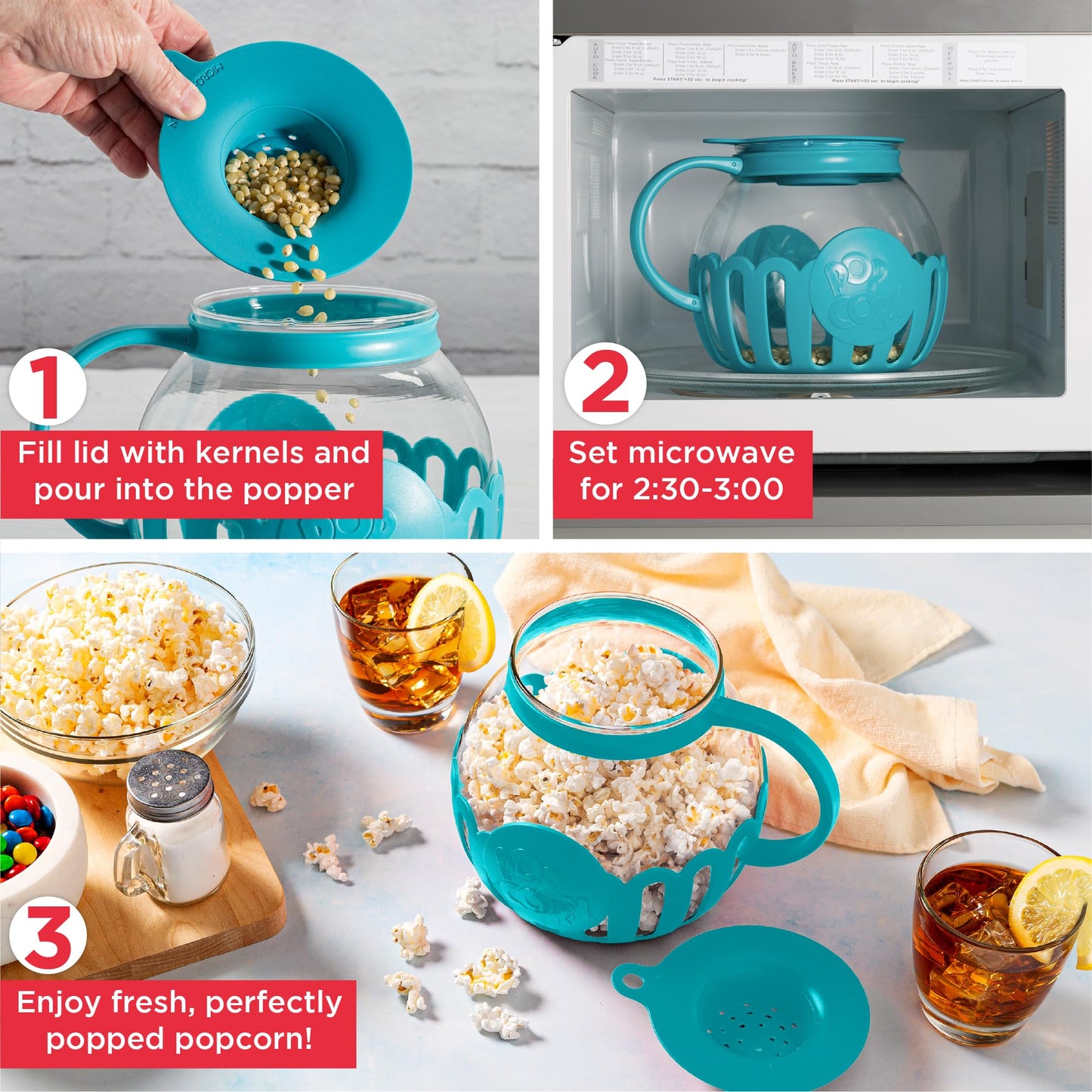 Ecolution Patented Micro-Pop Microwave Popcorn Popper with Temperature Safe Glass, 3-in-1 Lid Measures Kernels and Melts Butter, Made Without BPA, Dishwasher Safe, 3-Quart, Aqua