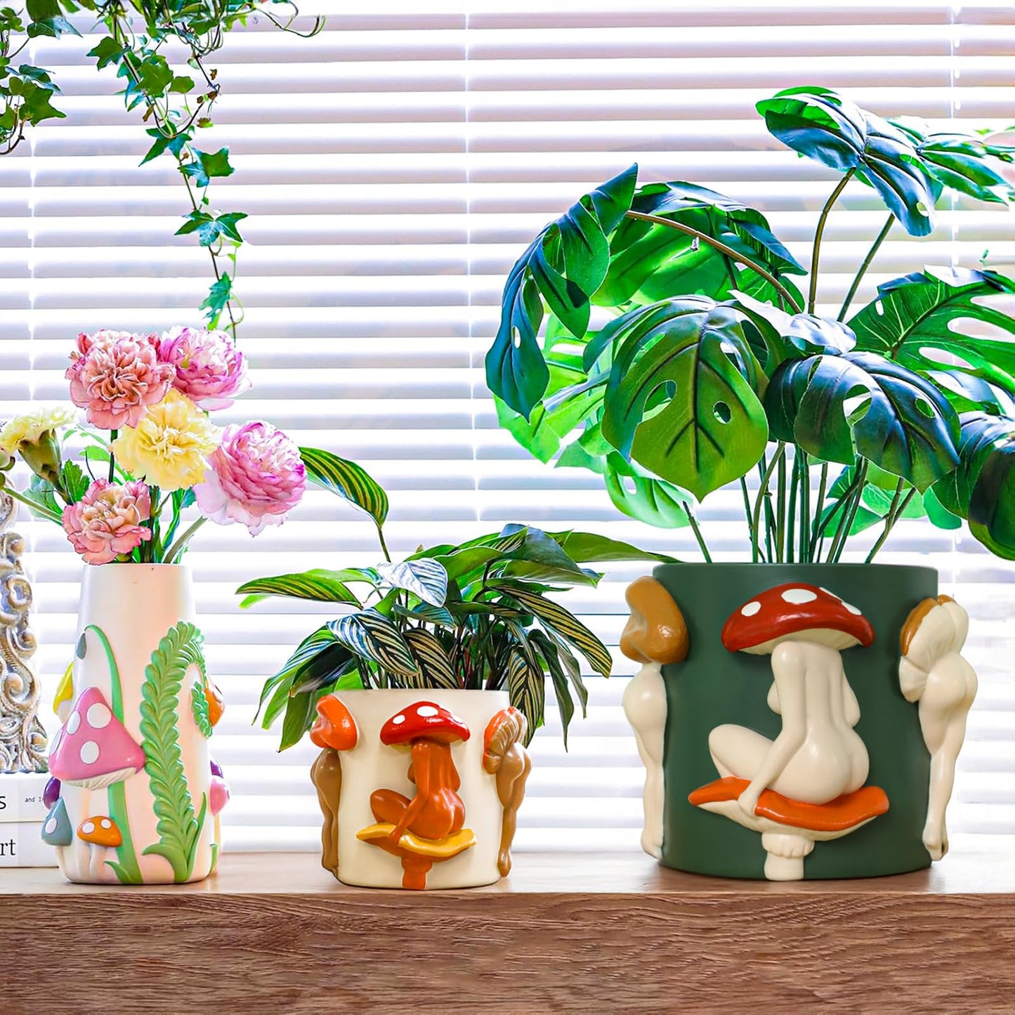 GUGUGO Mushroom Lady Body Plant Pots 8 Inch, Quirky Unique Cute Planters Boho Funky Eclectic Home Decor, Mushroom Butt Flower Pots, Indoor Planting Pot, Modern Aesthetic for Decorating, Dark Green