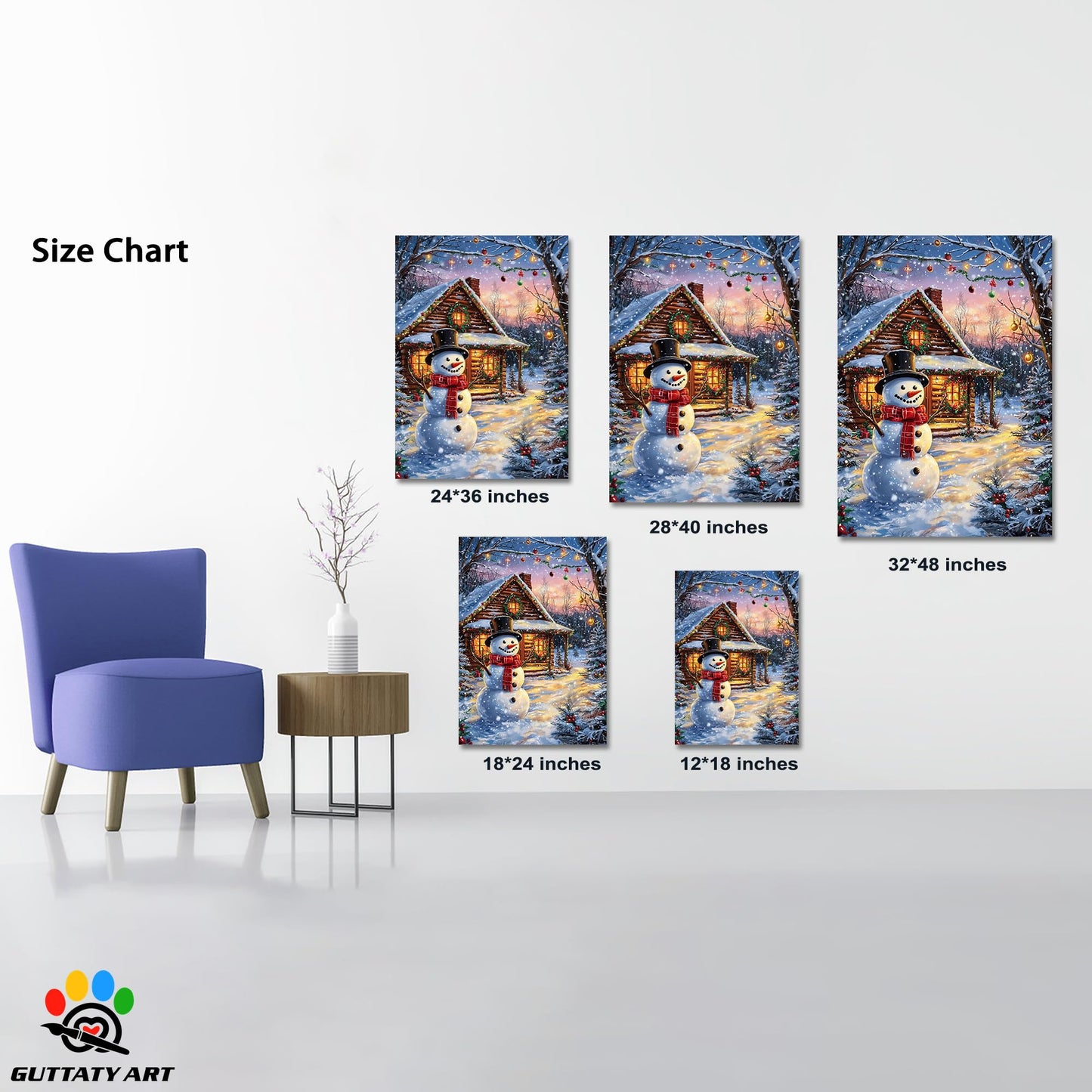 GUTTATY Christmas Canvas Wall Art, Cute Snowman Canvas Wall Decor, Shine Canvas Pictures Wall Decor, Lighted House Wall Art Decor for Living Room, Bedroom, Office Art Decor 18x24 Inch