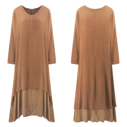 R.Vivimos Women Long Sleeve Cotton Casual Loose Plus Size Irregular Long Dresses