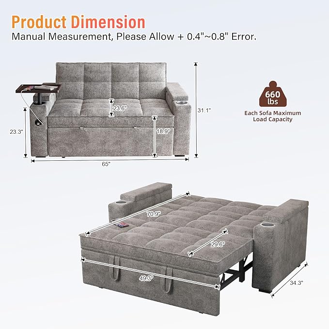 65'' 3-in-1 Convertible Sofa Bed