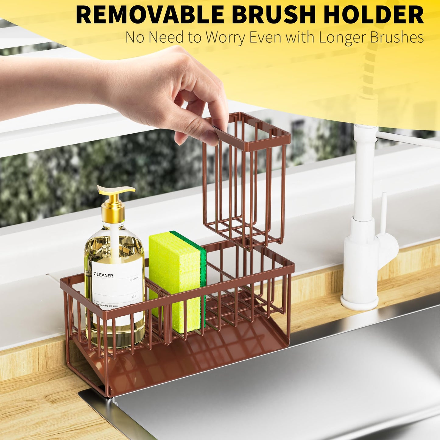 Cisily Kitchen Sink Caddy Organzier with High Brush Holder, Sponge Holder for Sink, 304 Rustproof Stainless, Kitchen Countertop Soap Dispenser Organizer, Kitchen Decor and Accessories