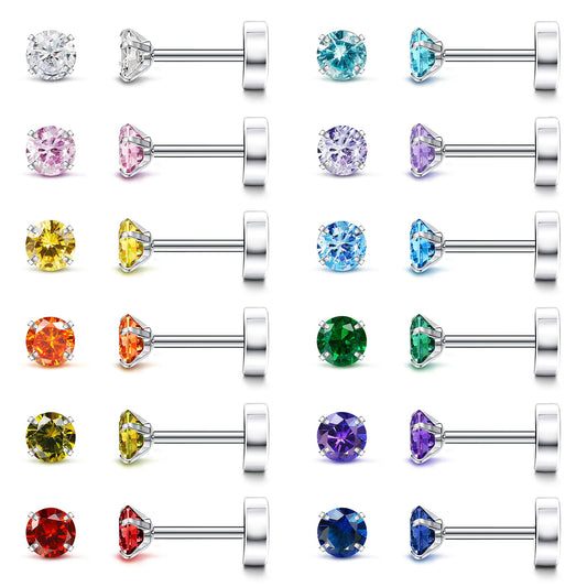 Fansilver 20G Hypoallergenic Flat Back Earrings for Women Men Silver 14K Gold Stainless Steel Stud Earrings Brithstone Cubic Zirconia Studs Surgical Steel Cartilage Earrings for Sensitive Ears