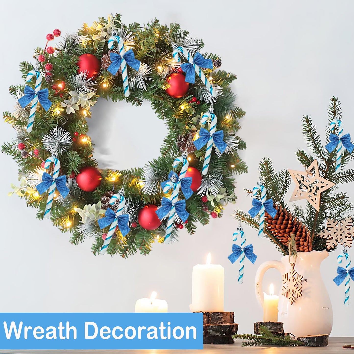 FYFLED Candy Cane Christmas Tree Decorations - 12 Pcs Candy Cane Ornaments for Tree, Glitter Candy Cane Bows for Xmas Tree Hanging Ornament Festival Party Home Decor, Blue