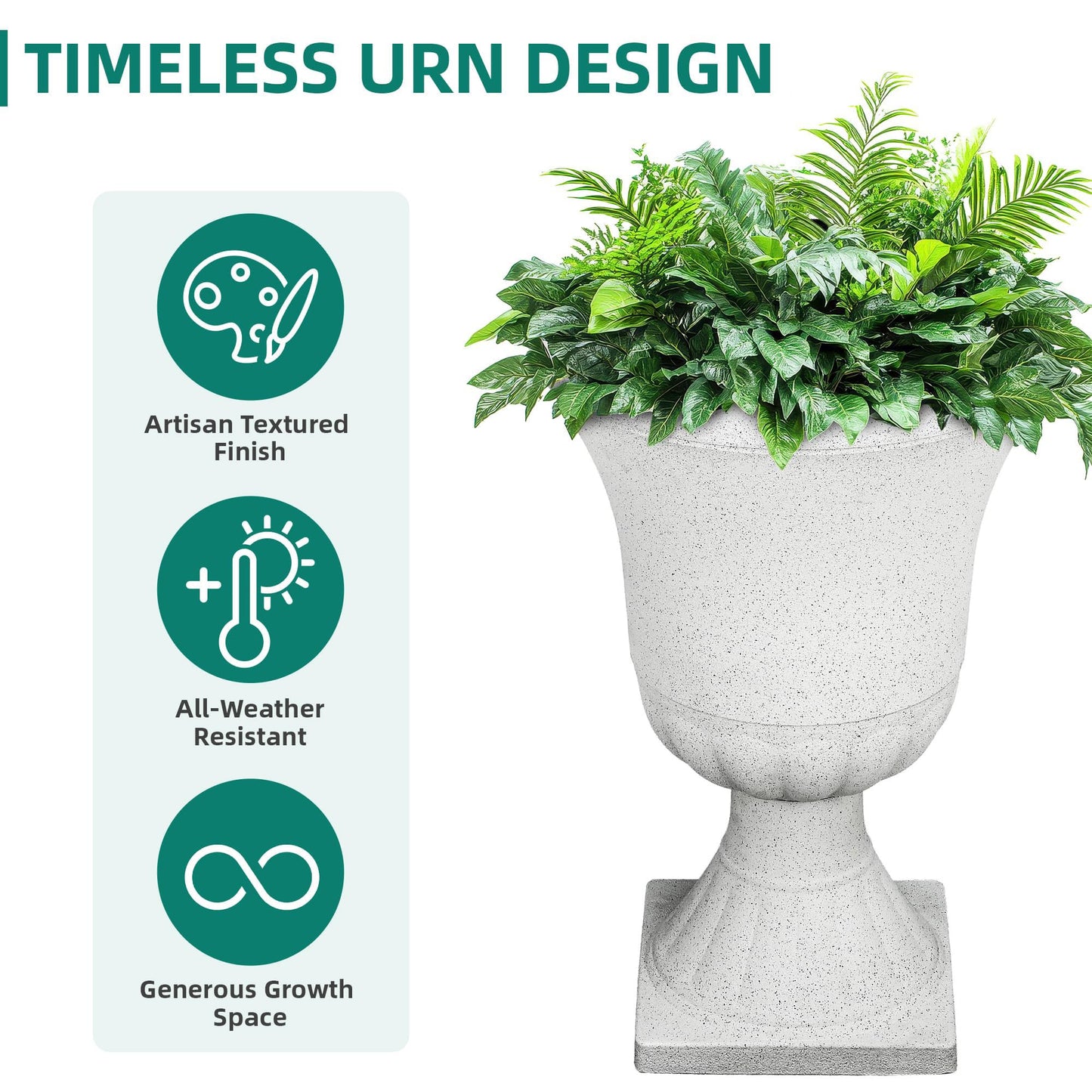 Autodaya 22" Urn Planters Outdoor Planter for Plants Set of 2 Timeless Plastic Large Flower Pot with Drainage Hole Terrazzo White Garden Pots for Porch, Patio Christmas Decor