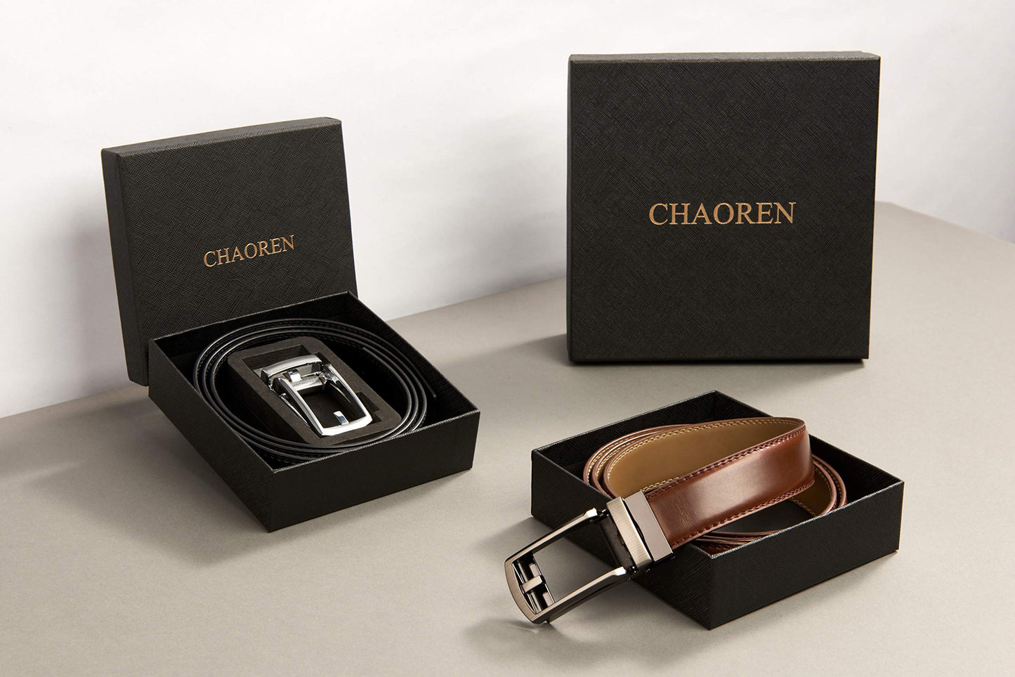 CHAOREN Men's 2 Pack Ratchet Dress Belt, 1 1/4" Black/Cognac Leather, 36" to 42" Waist Adjustable
