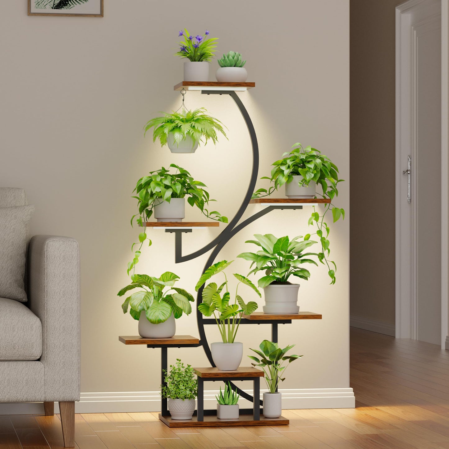 BACEKOLL Plant Stand Indoor with Grow Lights, 7 Tiered Plant Shelf Indoor, 44" Corner Plant Stands for Indoor Plants, Tall Plant Flower Display Shelf, S-Shaped Plant Rack for Home, Living Room, Black