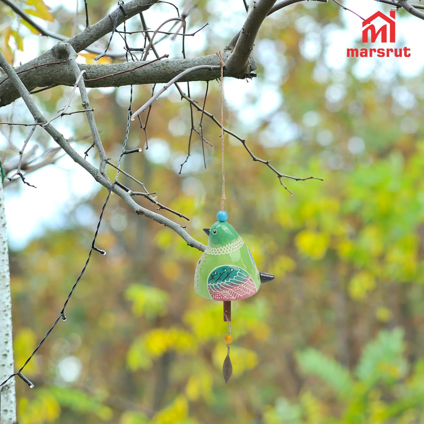 Bird Song Bell Wind Chime, Ceramic Cardinal Fashion Hanging Windchimes for Rustic Music Garden Backyard Church Decoration Porch Outside Outdoor Festival Memorial Gift Witness Friendship (Green)