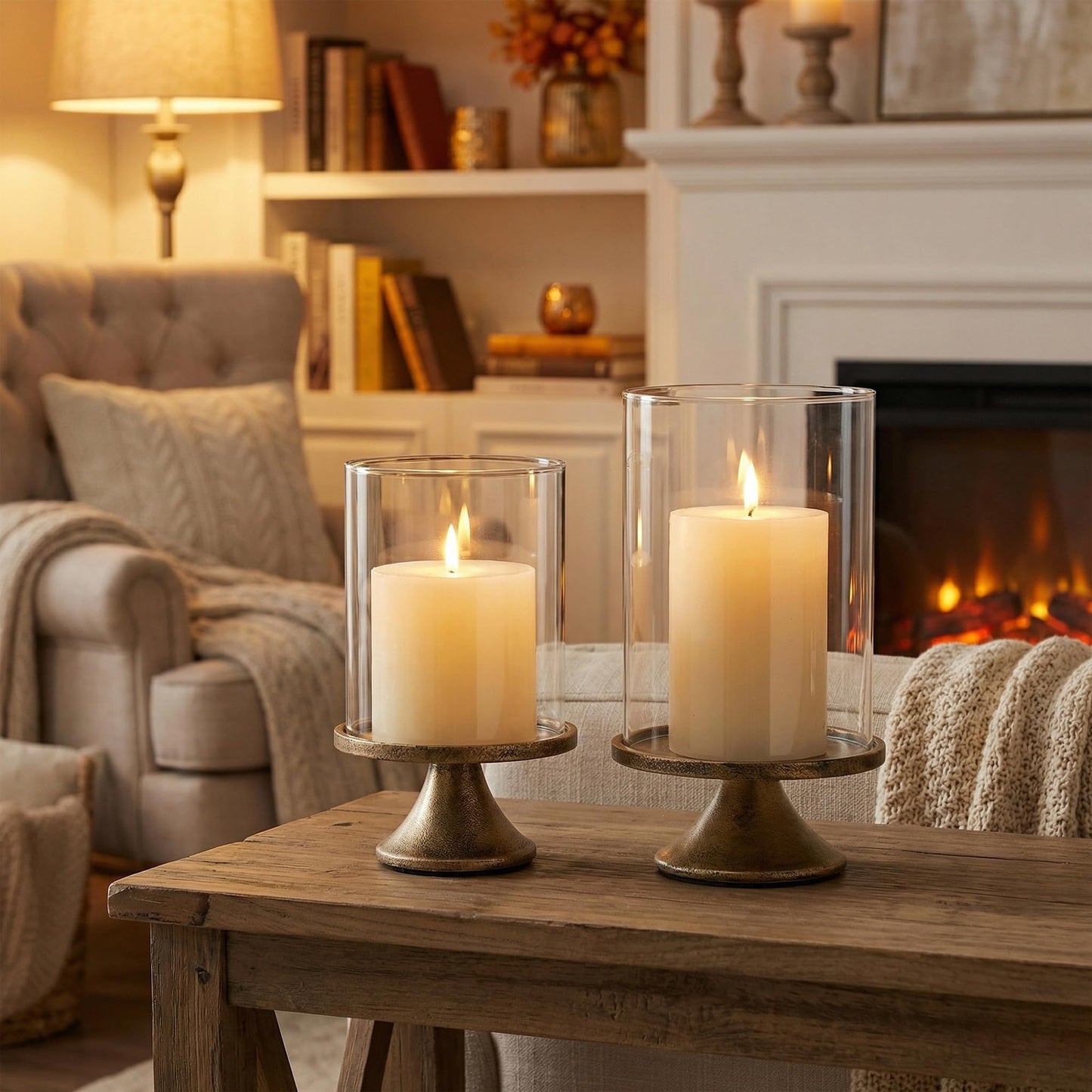 SUJUN Set of 2 Hurricane Candle Holder Set with Glass Dome & Iron Base – Elegant Decorative Pillar Candle Holders for Living Room, Dining Room & Bedroom Centerpiece - Ideal Home Décor