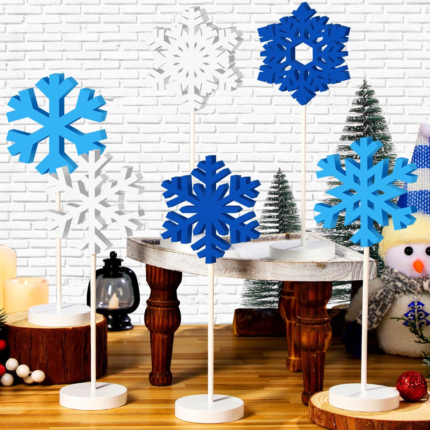 Wenqik 6 Pcs Winter Snowflake Table Decor Wooden Christmas Winter Snowflakes Table Centerpiece Standing Tabletop Sign Blue White Rustic Fireplace Home Decor for Party Decoration