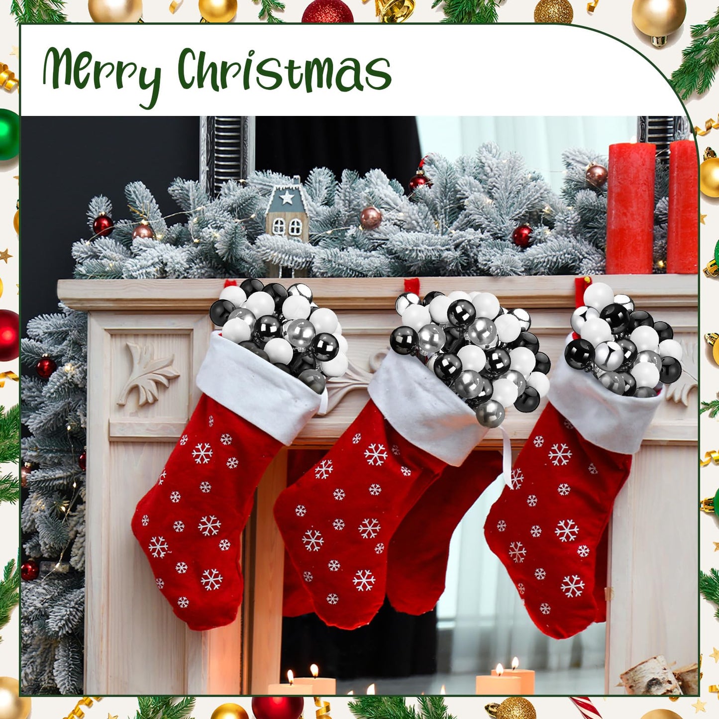 Syhood 12 Set 7.9 Inch Christmas Ball Ornaments on Wired Picks Shatterproof Xmas Ball Picks for Christmas Tree Vase Wreath Stairs Garland Decoration Supplies(Black,Silver,White,Plastic)