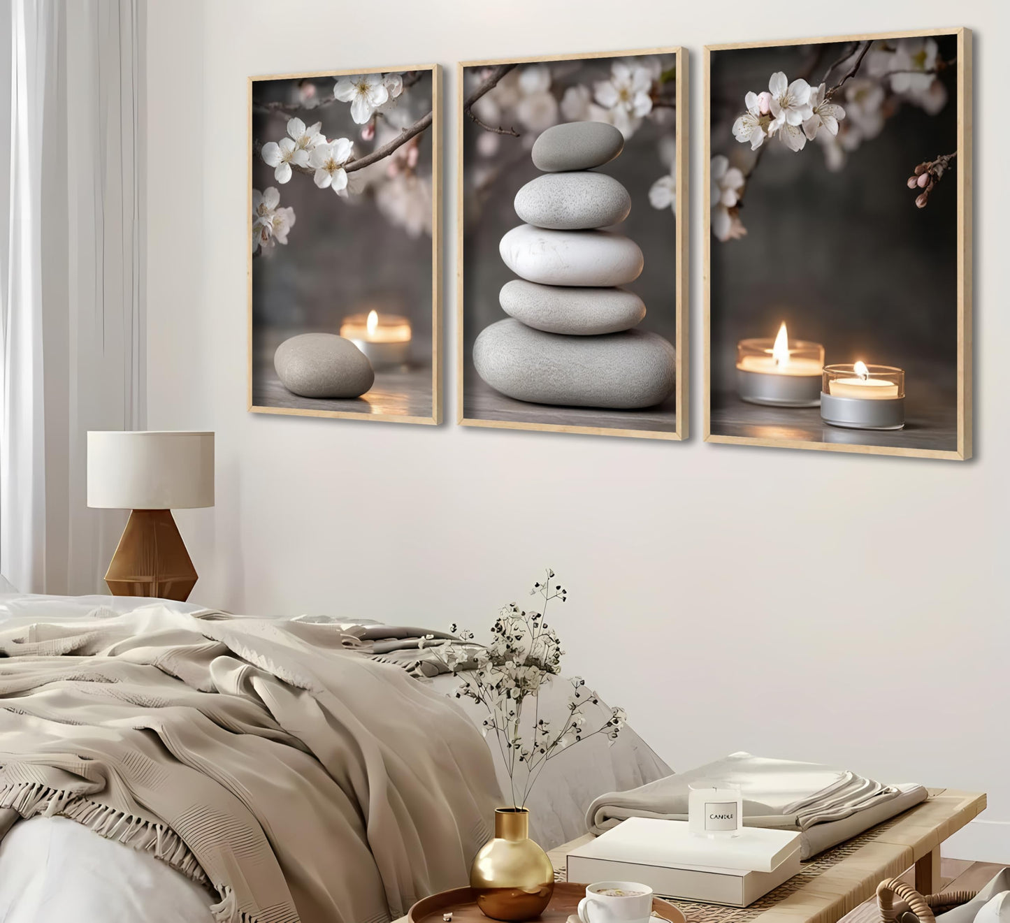ZHJIOFXG 3 Piece Zen Canvas Wall Art Stacked Stones Cherry Blossom Candle Spa Wall Decor Calming Minimalist Neutral Poster Print Art for Bathroom Bedroom Yoga Room Office Living Room 16x24in Unframed