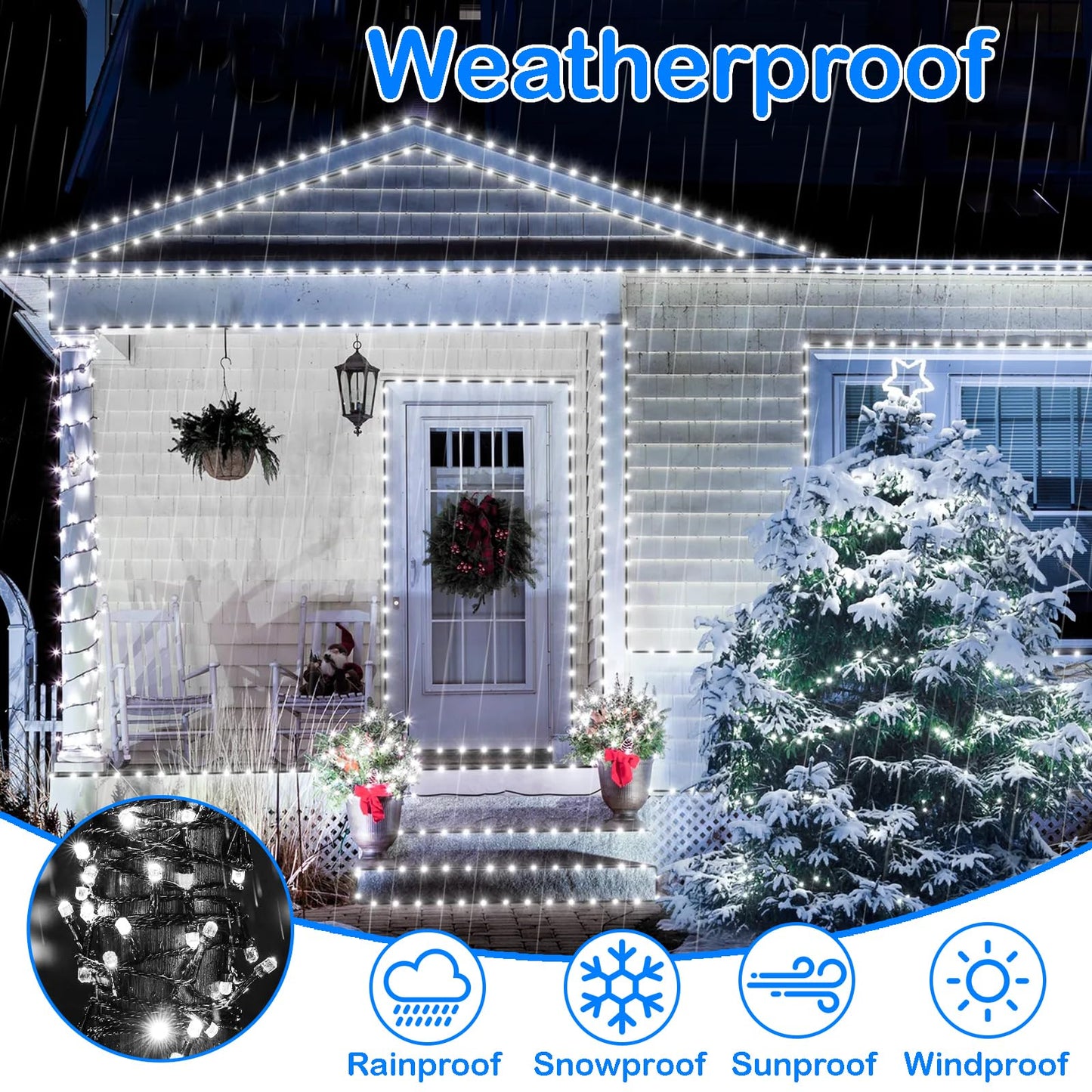 Decute 300LED Christmas String Lights Outdoor Waterproof 105FT UL Certified with End-to-End Plug 8 Modes, Cool White Indoor Starry Fairy Lights for Christmas Tree Patio Garden Wedding Party Decor