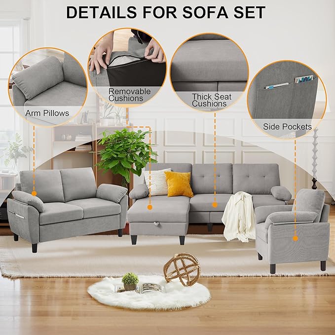 84" Convertible Sectional Sofa Set, 3 Seat L Shaped Couch
