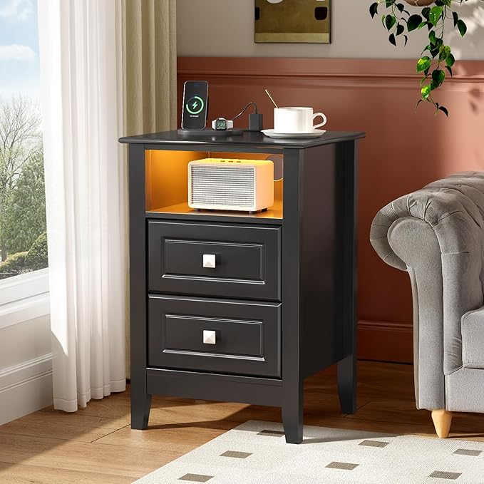 Bonnlo Led Nightstand with Charging Station, Night Stand Black Bedside Table