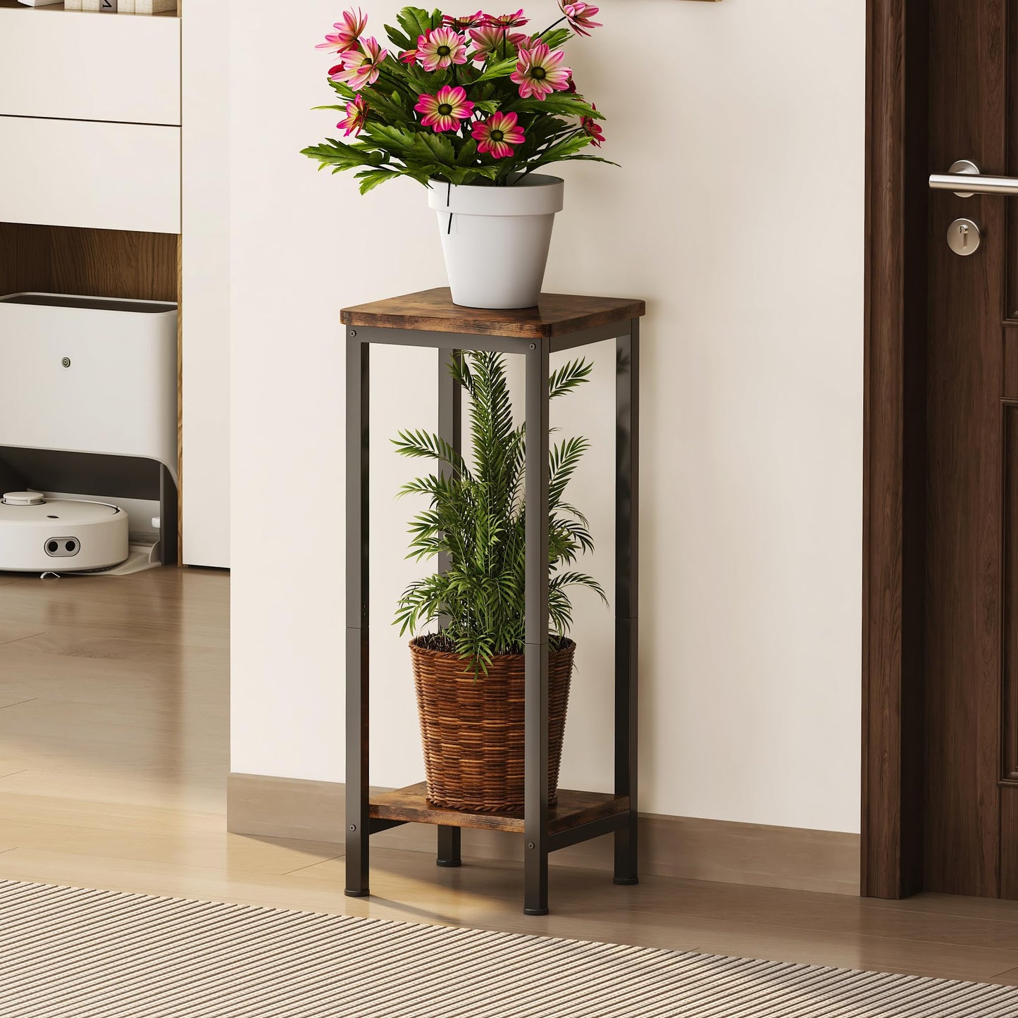 Homeiju 2-Pack Plant Stand Indoor, 2 Tier Wood Corner Plant Stand, Modern Square Plant Shelf Flower Stand for Living Room Patio Balcony Garden, Rustic Brown