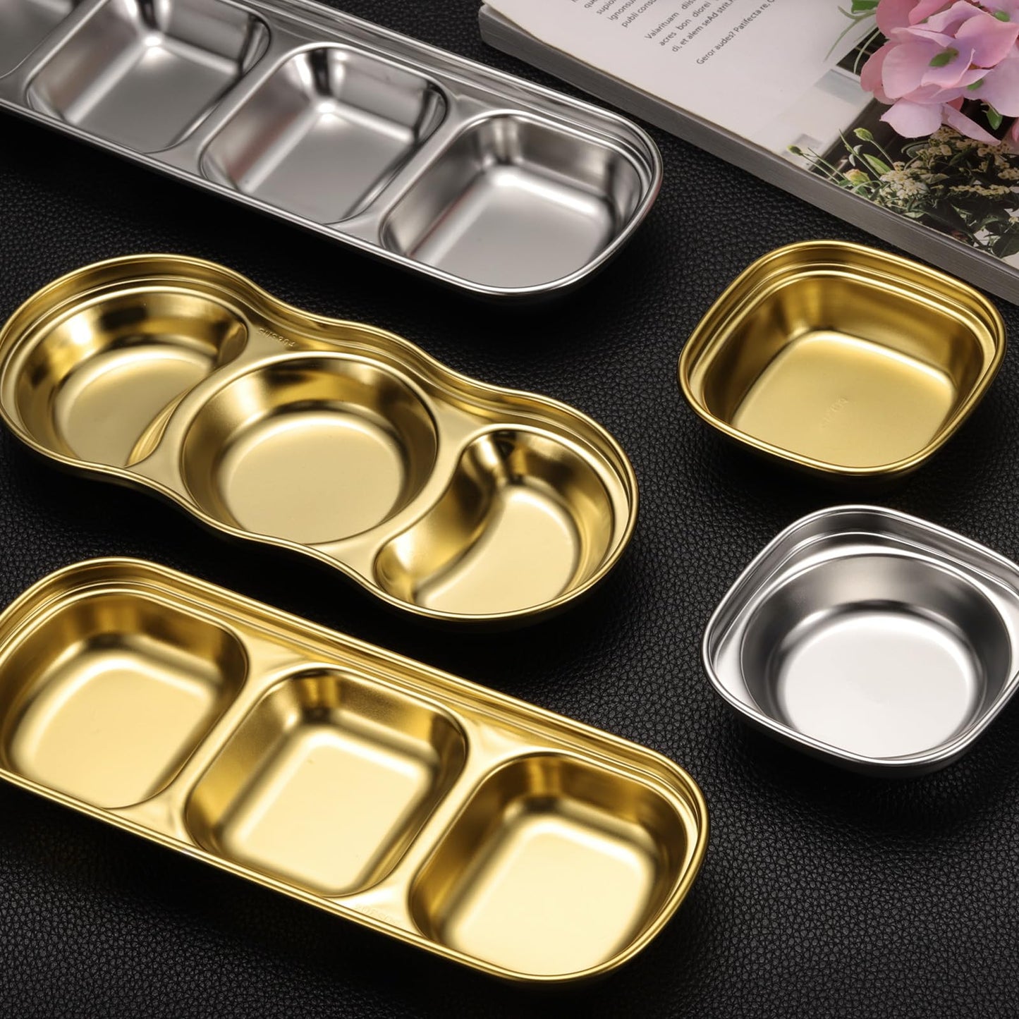 uxcell 4 Pack Stainless Steel Dish Dipping Bowls with Rectangular Compartment Divided, Metal Seasoning Plate Dipping Bowl for Condiment Home Party Restaurant Picnic Travel, Silver