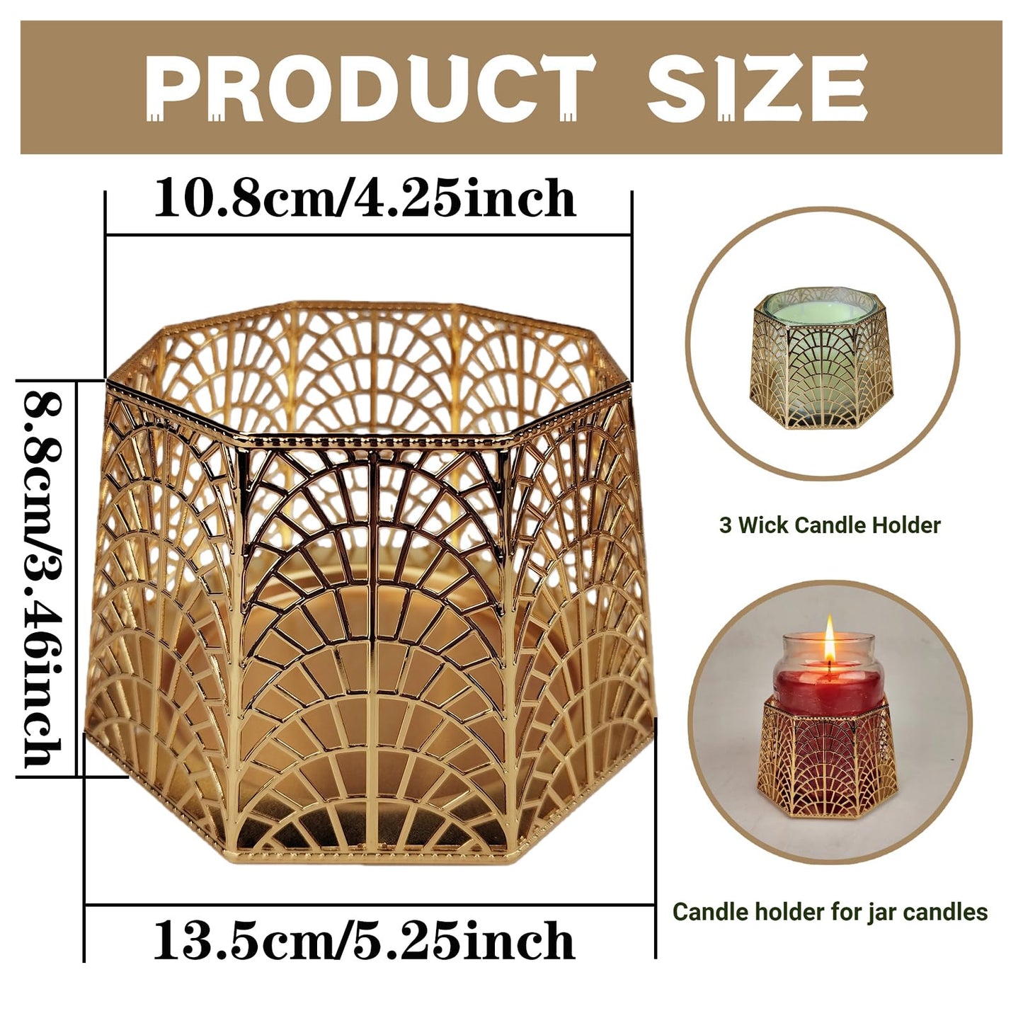 Dorephine 3 Wick Candle Holder, Golden Shell Design Candle Jar Holder for 4-Inch Diameter Jars (5.25" D x 3.5" H) (Golden)