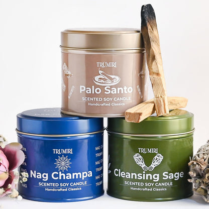 Cleansing Sage, Palo Santo, Nag Champa - Soy Candles Non Toxic - Highly Scented Long Lasting with Essential Oils - Variety Pack of 3 x 5oz - for Home Aromatherapy Meditation Gift Travel