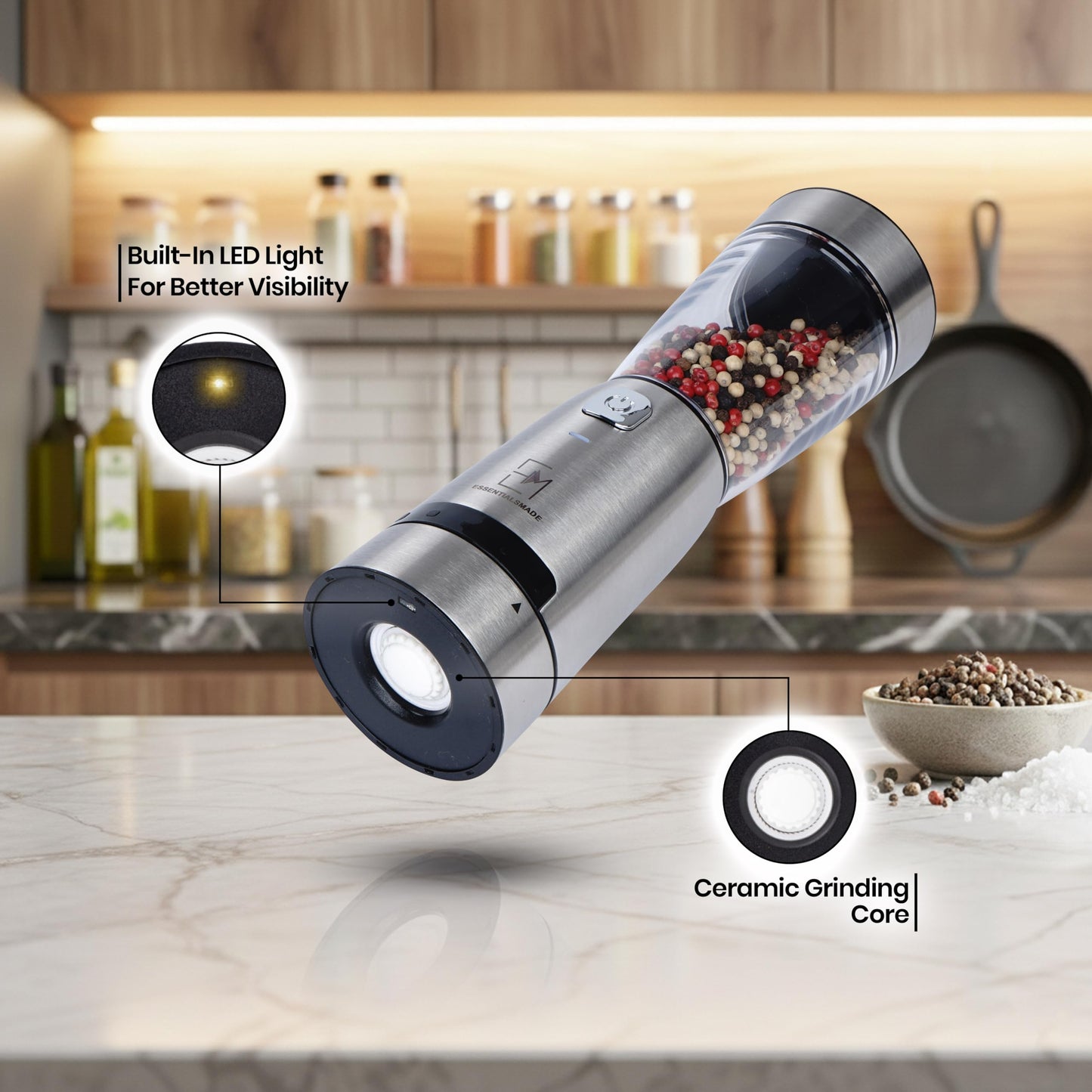 Essentialsmade Electric Salt and Pepper Grinder Set – Rechargeable Stainless Steel Mills – Upgraded 800mAh Battery, Large 200ml Capacity, & 5 Adjustable Coarseness Levels – Kitchen Seasoning Tools