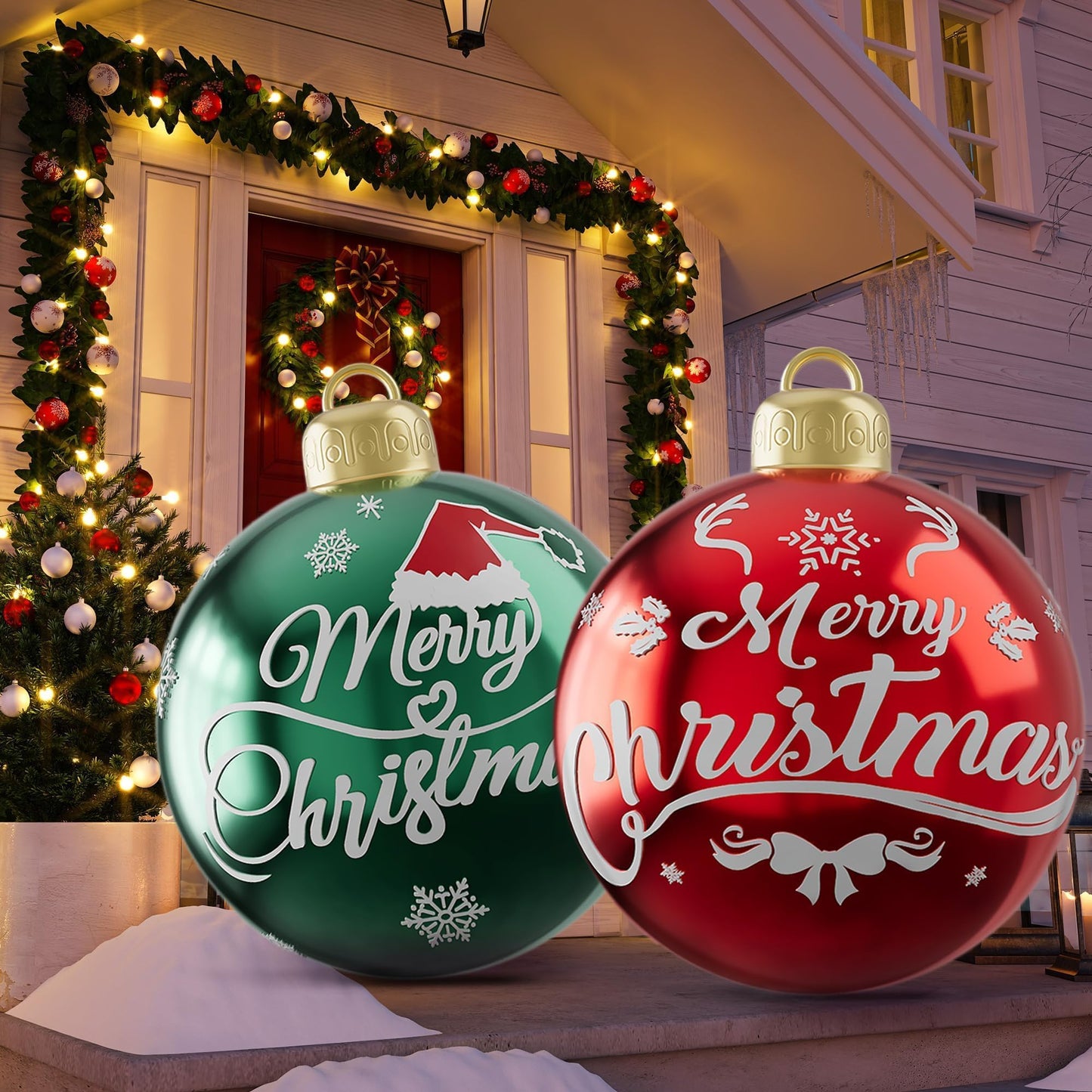 2PCS 24 Inch Inflatable Christmas Balls, PVC Large Inflatable Christmas Ornaments Blow up Ornament Ball, Blow up Ornament Xmas Decorations for Outside Holiday Yard Lawn Decor(Red Green Merrychristmas