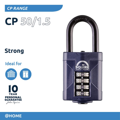 Squire Combination Padlock. Weatherproof Hardened Steel Shackle Recodable Padlock. (4 Wheel - 50mm Long Shackle (1.5"))
