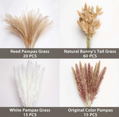 110 Stems Dried Pampas Grass, Boho Table Decor Natural Reed Phragmites Grass + Brown & White Pampas Grass + Bunny Tails Flowers Bouquet for Wedding Floral Arrangements Farmhouse Home Rustic Wall