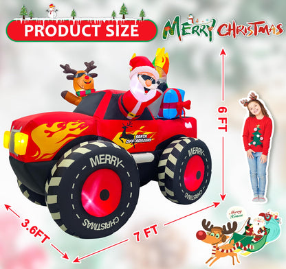 EAONE 7FT Christmas Inflatable Outdoor Decoration, Inflatable Santa Claus & Reindeer on Monster Truck, Blow Up Yard Decorations LED Lighted for Yard, Garden, Lawn, Home Xmas Holiday Decor